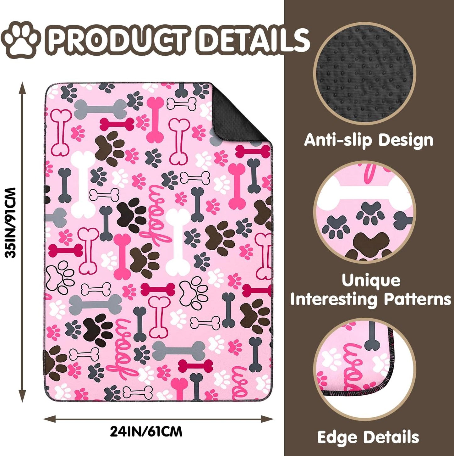 2PC Reusable Potty Pads for Dog-Washable Pee Pads for Floors/Couch/Bed and Crates-with Pink Dogs Paw Pattern Non-Slip Potty Pads for Training 36"x24"