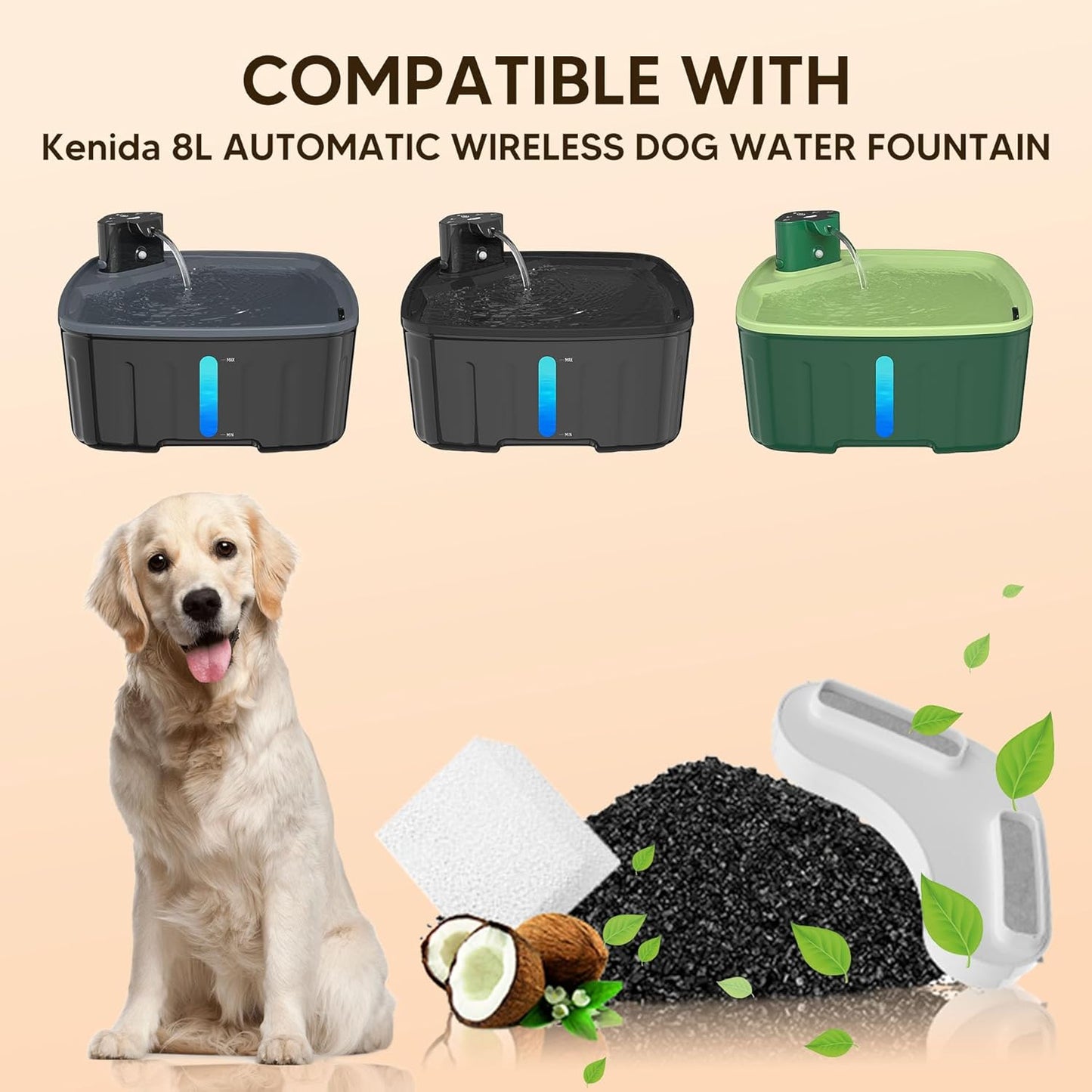 Dog Water Fountain Filters - 8 Packs Replacement Filters & 2 Sponges for Large Dog Fountain, Wireless