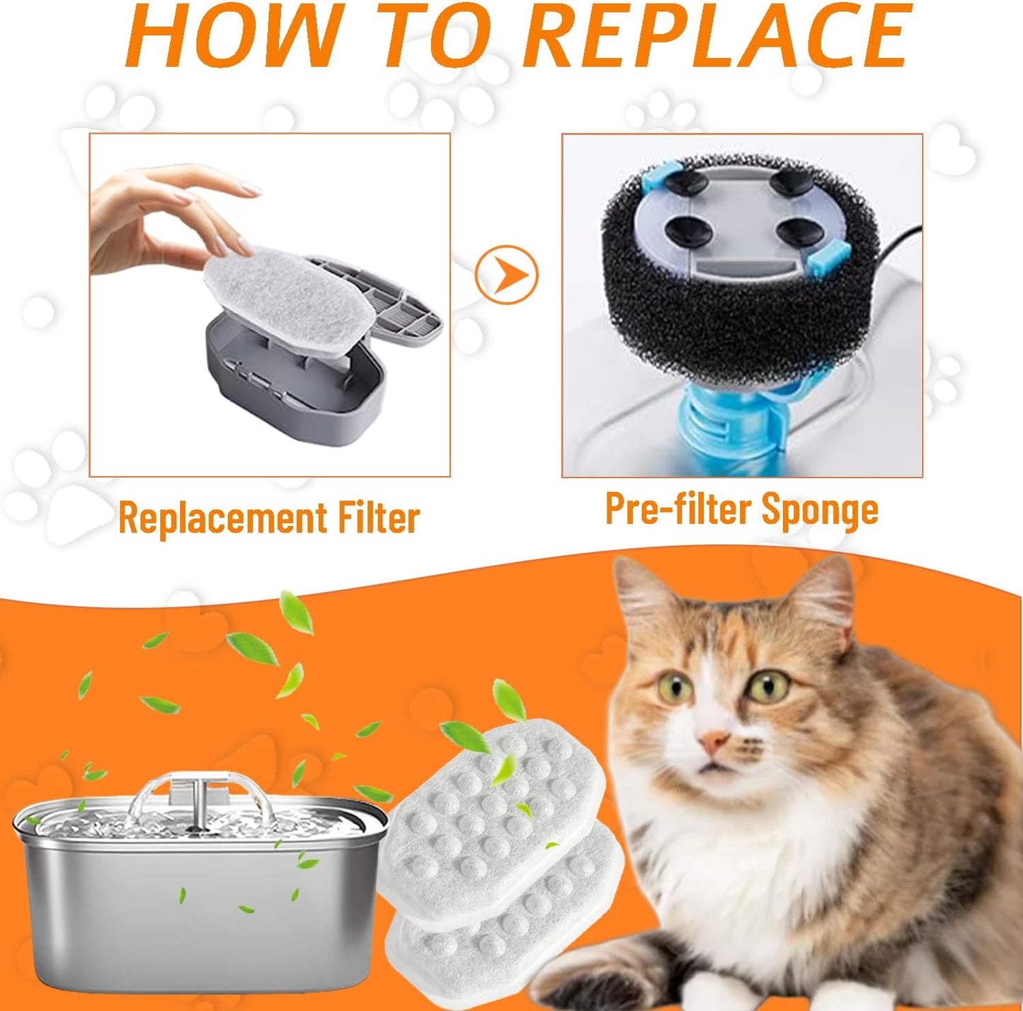 12 Pack 3.2L/108oz Cat Water Fountain Filters Replacement and 12 Pack Pre-Filter Sponges for Stainless Steel Automatic Pet Fountain Dog Water Fountain