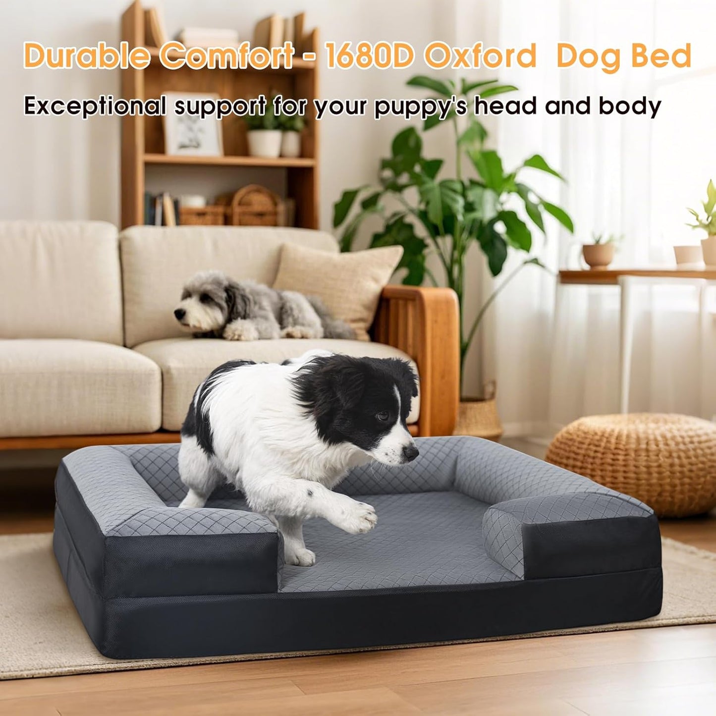Durable Dog Bed Waterproof and Scratch Resistant, Velvet & Oxford Rugged Dog Sofa,High Density Supportive Foam,Full Removable Machine Washable Cover (35"x28"x6.5")