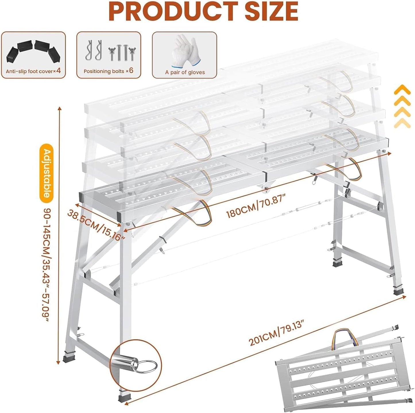 Adjustable Scaffolding Platform, 71" L x 15" W x 35"-57" H Alloy Portable Multi Purpose Work Platform with Double Rope, 800 lbs Load Capacity Folding Work Bench for Car Washing, Repairing, Painting