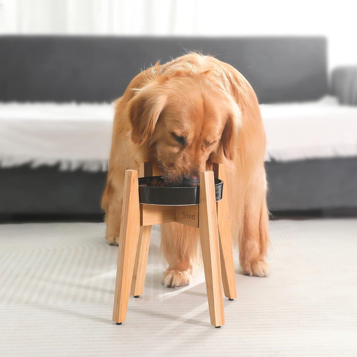 Sted Elevated Dog Bowl Stand - 100% Bamboo, Adjustable Width 7.5-11 Inches, 13" Tall, Single Raised Dog Food and Water Bowl Stand