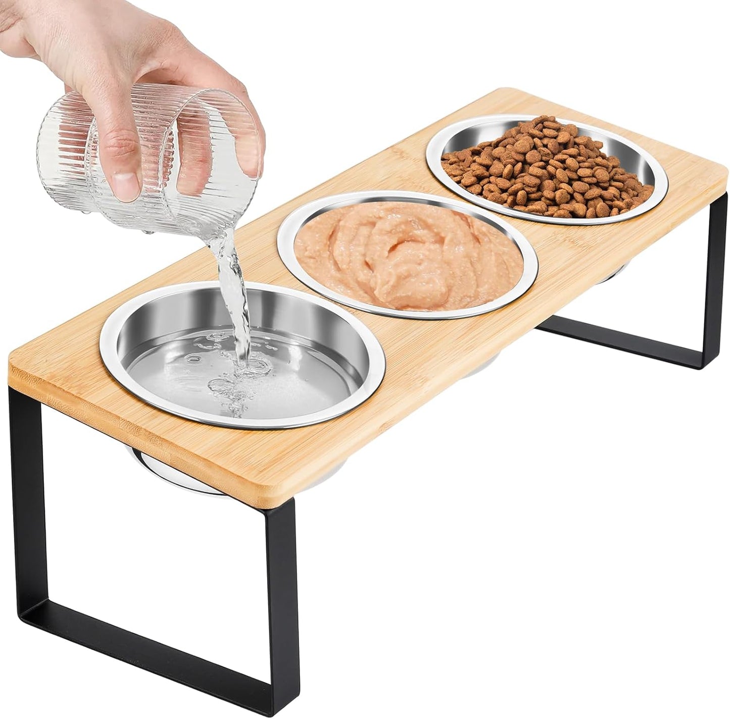 Elevated Cat Bowl, Raised Cat Food Bowls with 10° Tilted Stands, 3 Stainless Steel Bowls for Wet, Dry & Water, Hold by Bamboo Board, Anti Vomiting Cat Feeding Bowls with 4 Non-Slip Pads