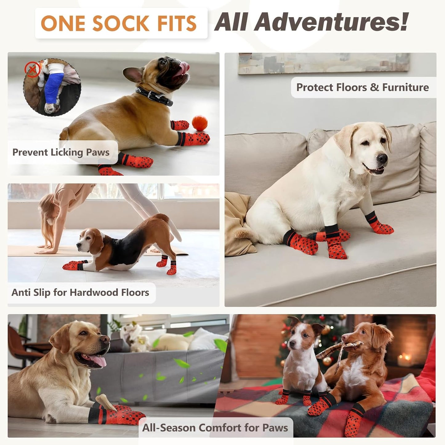Anti Slip Dog Socks to Prevent Licking Paws, Dog Shoes for Hot/Cold Pavement, Dog Boots on Hardwood Floors, Traction Control Dog Booties & Paw Protectors for Small Medium Large Senior Dogs
