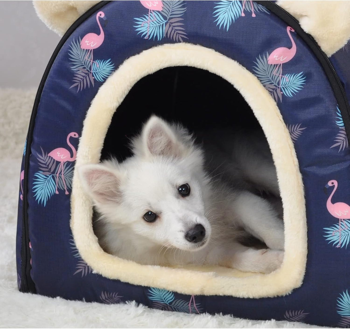 고양이 침대 또는 강아지 침대, 2가지 사용 방법, 푹신한 매트가 있는 실내 반려동물 집, 탈착식 및 세탁 가능한 커버, 스플래시 방지 집 및 미끄럼 방지 바닥, 고양이 및 소형견용(S 플라밍고)