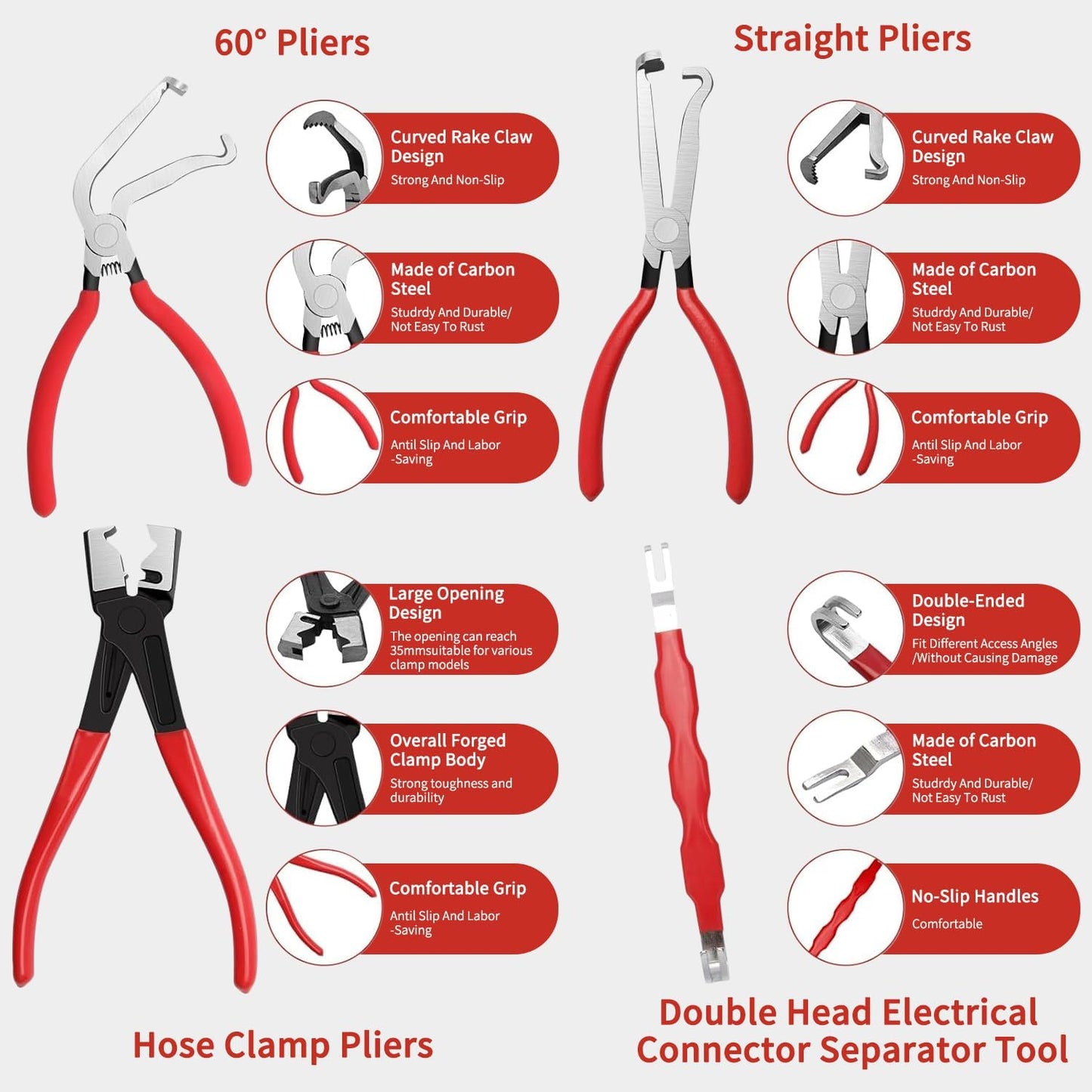 4 Piece Automotive Electrical Disconnect Pliers Kit, High-Carbon Steel Connector Separator Tool with Straight & 60° Tips, Hose Clamp Plier & 18pcs Pin for Cars SUVs Fuel Line Repair (Storage Box)