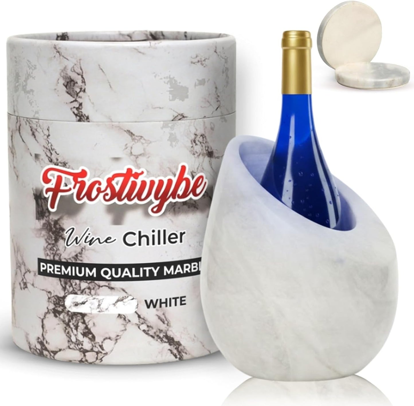 Marble Wine Chiller Bucket Set With 2 Marble Coasters – 750ml Wine Bottle Cooler for Party, Dinner, Kitchen & Bar Cart Decor – Elegant Champagne Cooler Gift for Wine Lovers (White)