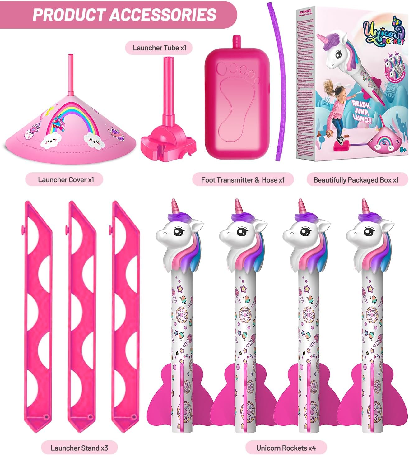beefunni Unicorn Rocket Launcher for Kids, 4 Unicorns Outdoor Toys for Girls, Christmas Easter Birthday Gifts for Girls Ages 2 3 4 5 6 7 8 Years Old, Fun Indoor Toys for Kids Ages 2-4-6 Years Old