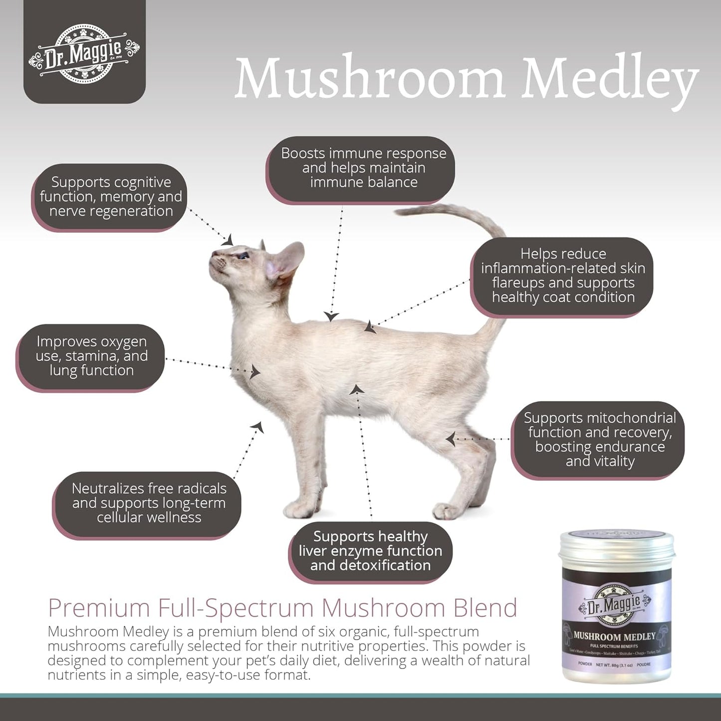 Dr. Maggie Mushroom Medley | Organic Mushroom Powder with Cordyceps Maitake Shiitake Chaga Turkey Tail and Lions Mane for Dogs and Cats | 88g