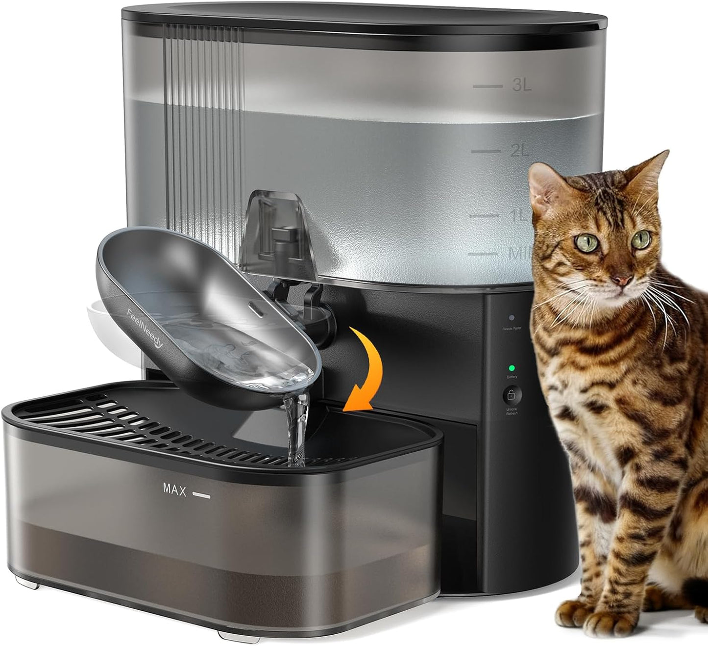 Wireless Cat Water Fountain No Filters, Wastewater Separation, FEELNEEDY Stainless Steel Bowl, 3.5L Pet Water Fountain for Cats & Dogs Dispenser, Black