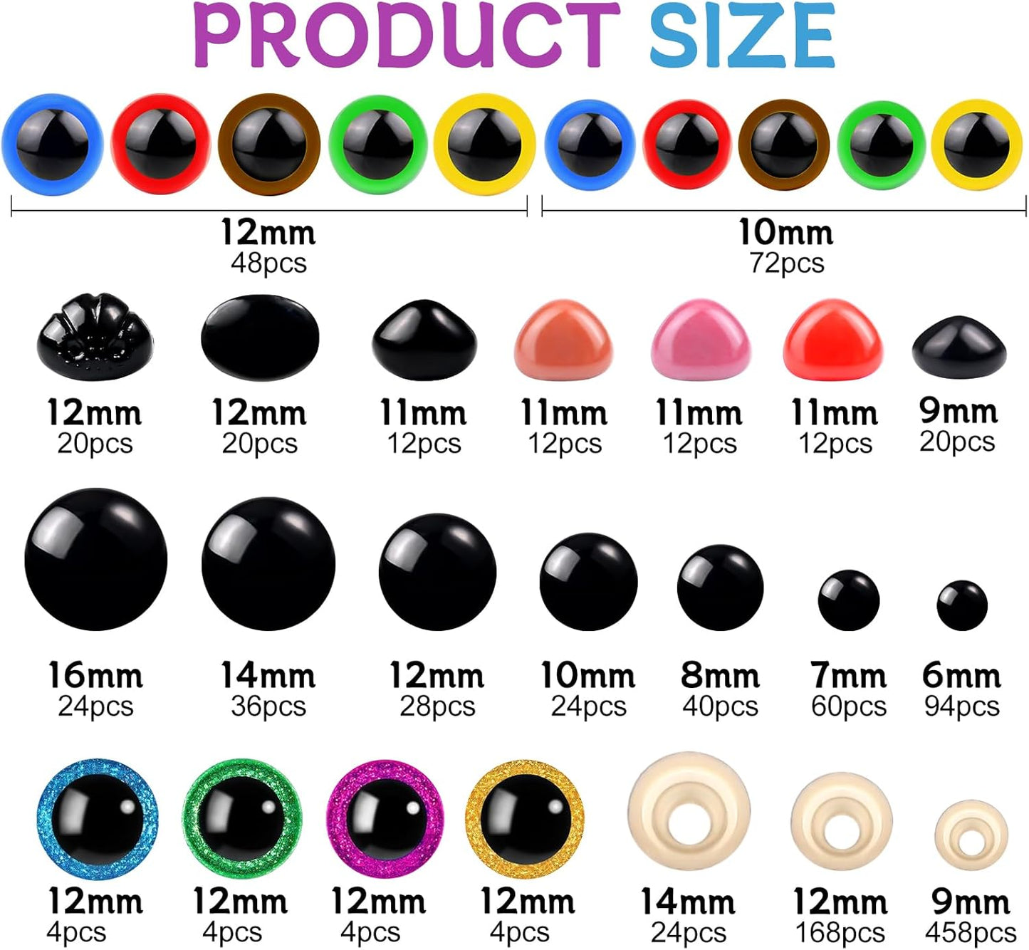 Fulasiteu 1100PCS Safety Eyes and Noses, Amigurumi Safety Eyes for Crocheting, Colorful Doll Crochet Eyes with Washers for Plush Animal, Crochet Toy, Stuffed Doll and Teddy Bear (Various Sizes)