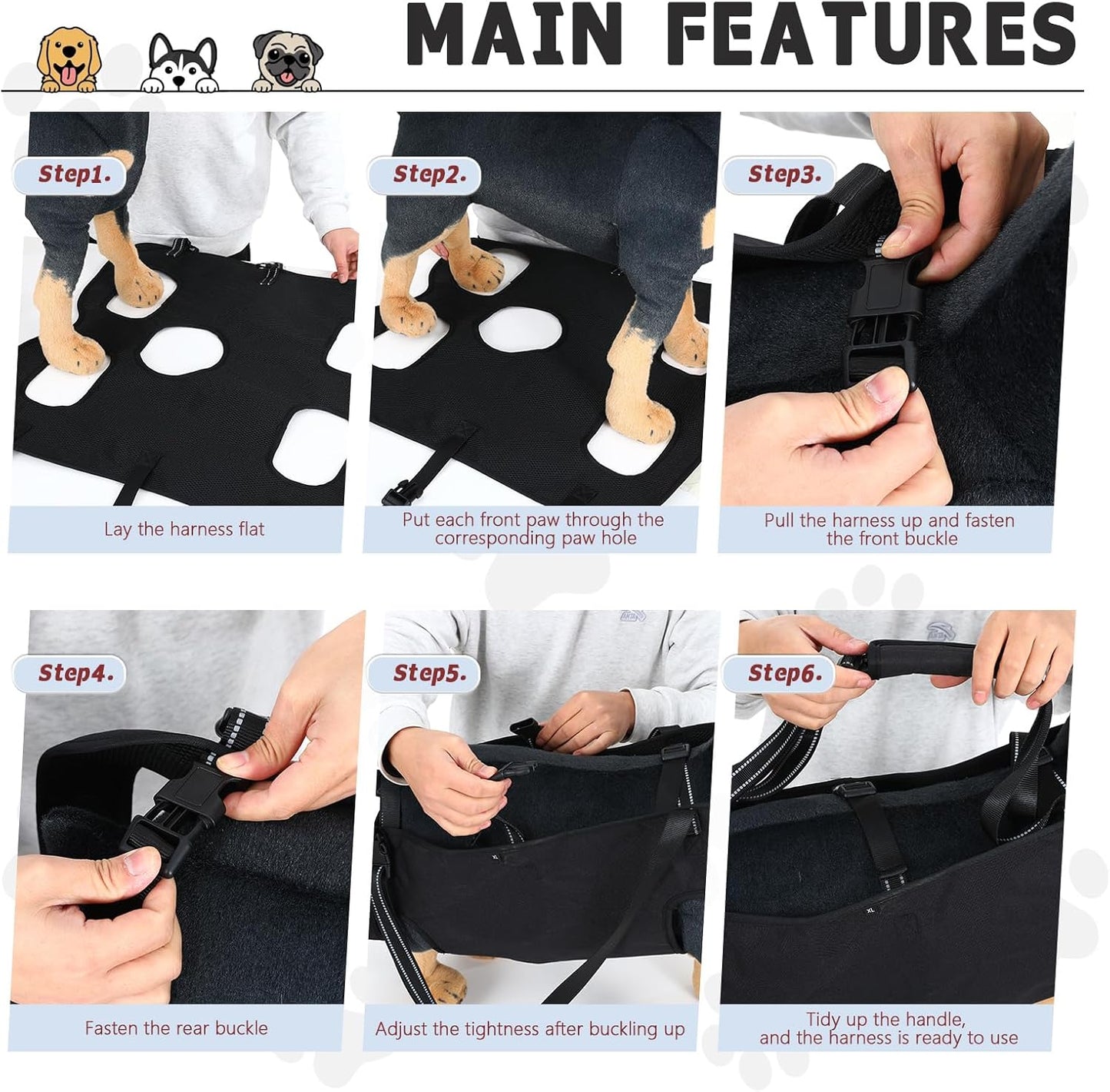 Dog Lift Harness with Pocket Full Body Dog Harness with Adjustable Handle Dog Carrying Sling Pet Legs Support Sling for Senior Dogs Joint Injuries Post Surgery Recovery Hiking,Black,XL