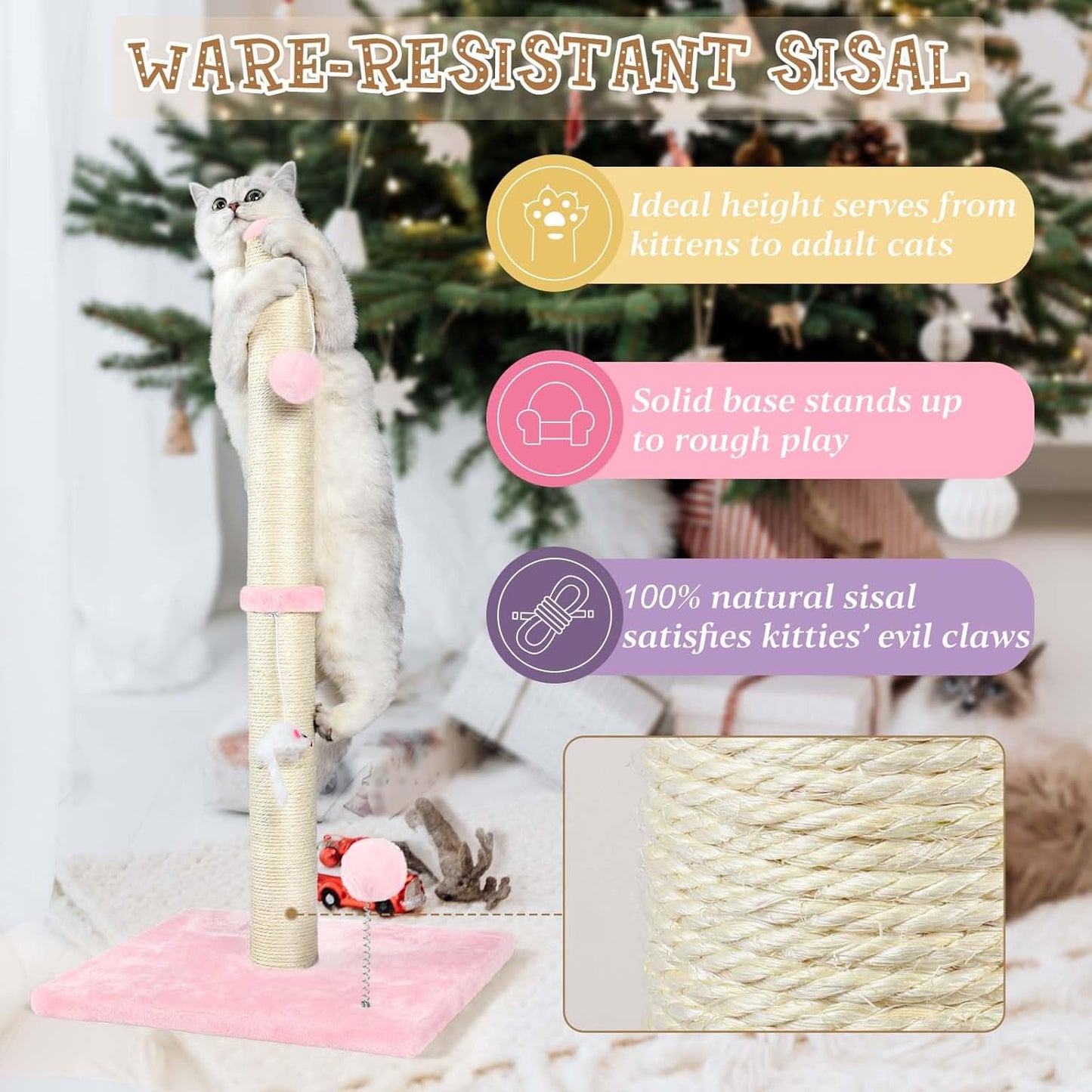 ANWA 32" Tall Cat Scratching Posts for Indoor Cats, 3-in-1 Cat Scratching Post with Plush Toys, Premium Sisal Post for Cats at All Ages with Reinforced Stable Base, Pink
