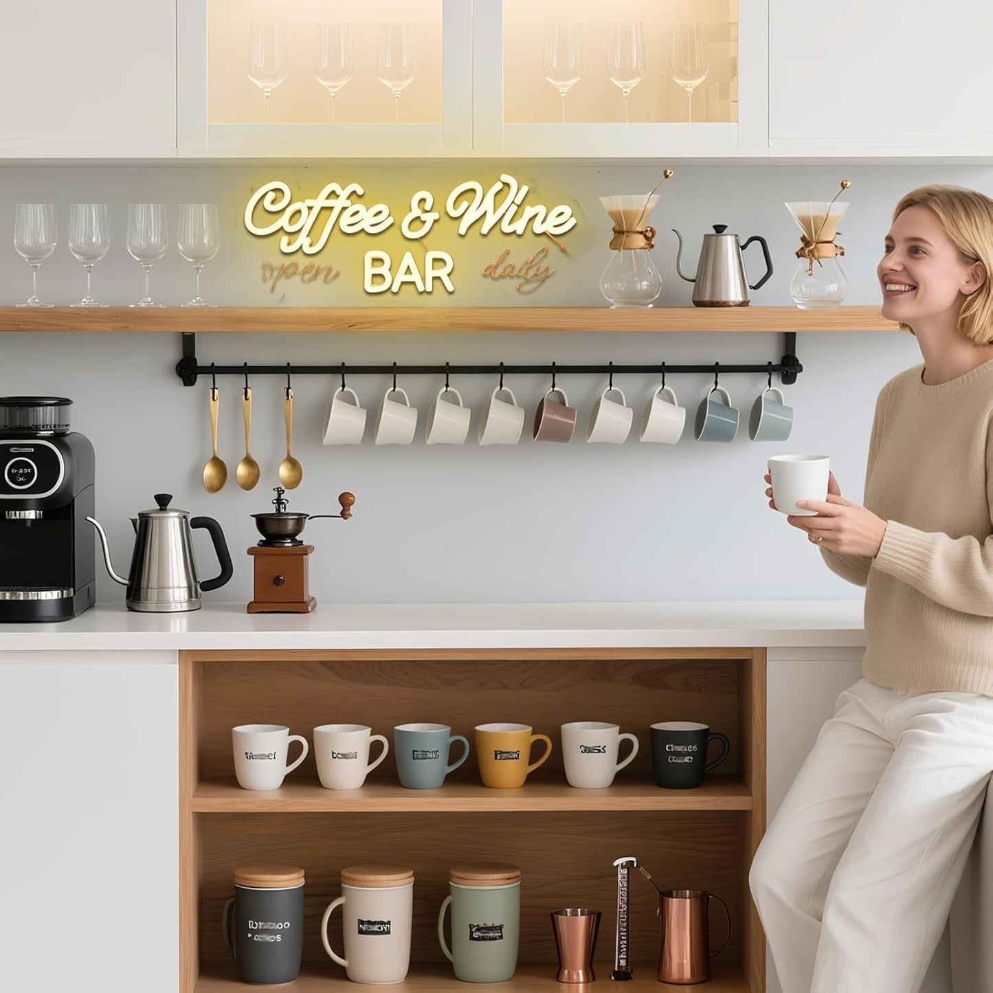 Coffee & Wine Neon Sign for Wall Decor Dimmable 16.54" x 6.54" Led Sign for Home Bar USB Powered Neon Light for Wine Cellar Cafe Farmhouse Kitchen Pub Dining Room Shop Party Decoration