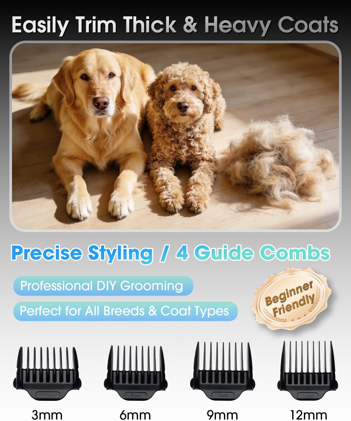 M&M STAR Dog Grooming Kit, Low Noise Dog Clippers, 2-Speed IPX7 Waterproof, Rechargeable Cordless Pet Hair Clippers Trimmer Shaver with LED Display for Small Large Dogs Cats, Gold