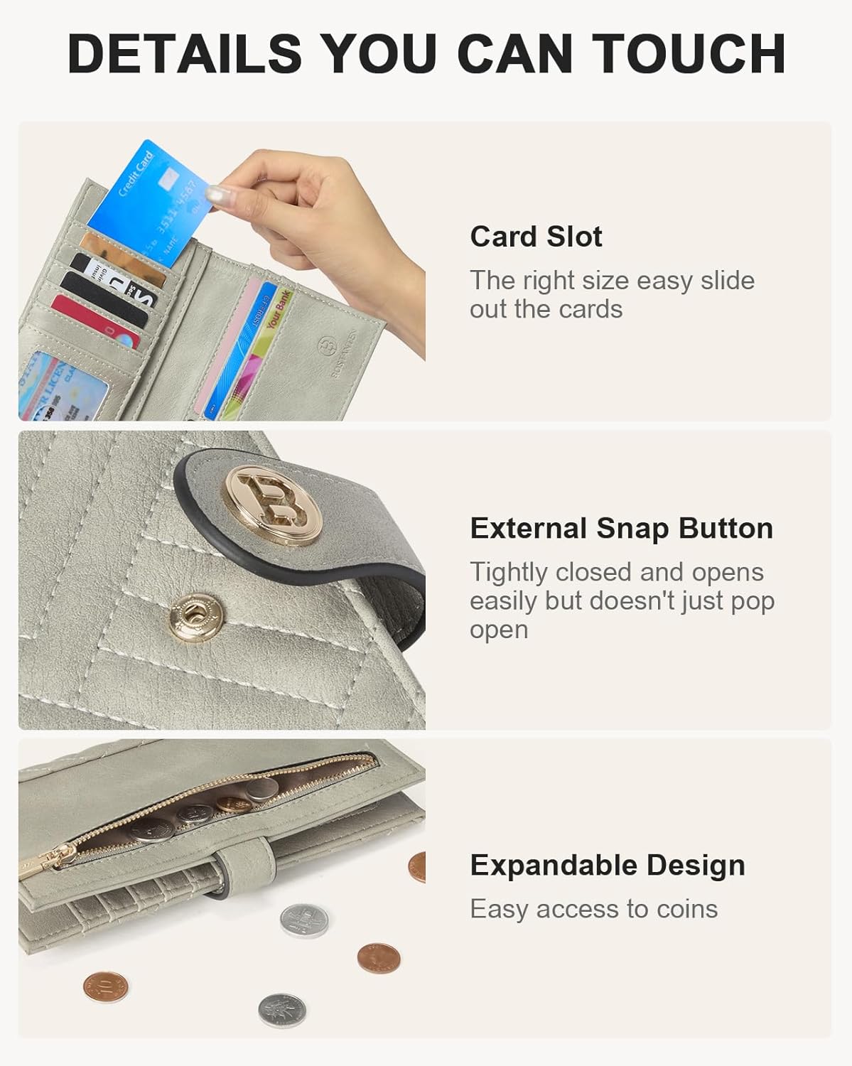 BOSTANTEN Slim Wallet Women Leather RFID Blocking Credit Card Holder Bifold Thin Wallet with Zipper Pocket Cloud Gray