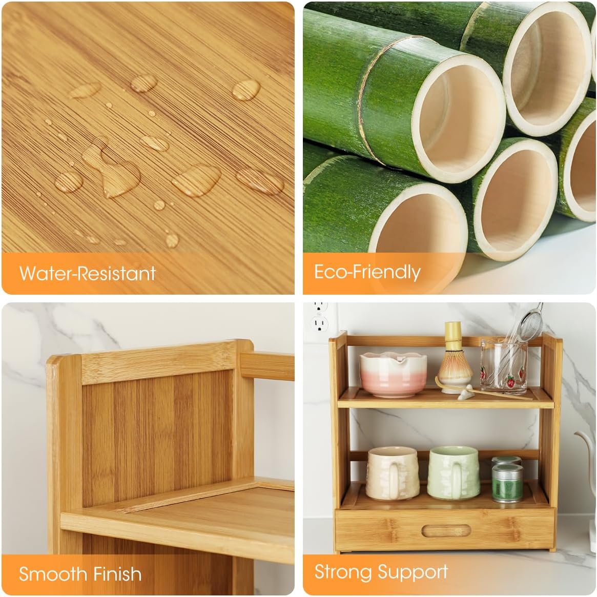 AIEVE Matcha Station Organizer, 2-Tier Bamboo Shelf with Hidden Drawer, Coffee Station Organizer Mug Holder Shelf for Matcha Whisk Set Bowl Cup Scoop Sifter