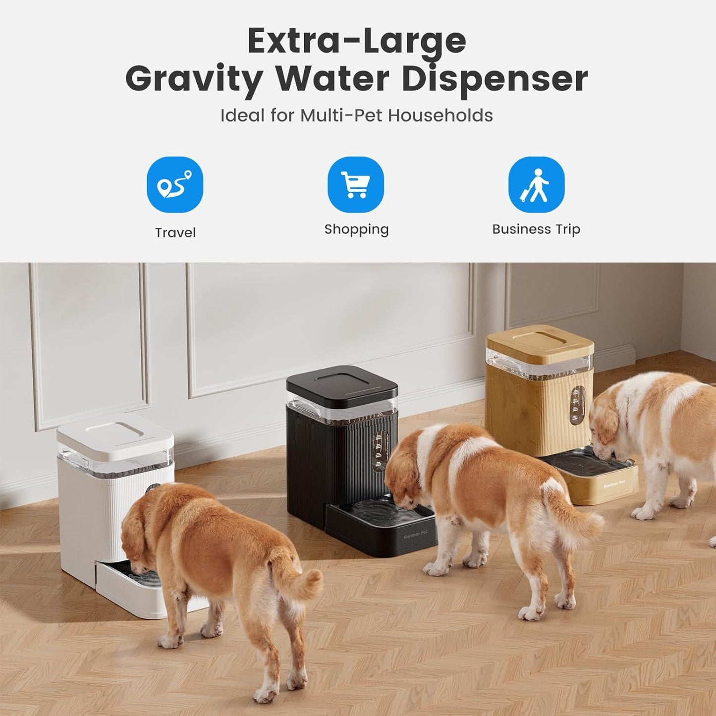 Gardner Pet Automatic Dog Water Dispenser Gravity Waterer with Stainless Steel Bowl Water Dispenser 6.5L Large Capacity Water Feeder with Filters for Dogs Cats Pets, BPA-Free Noise-Free (White, 6.5L)