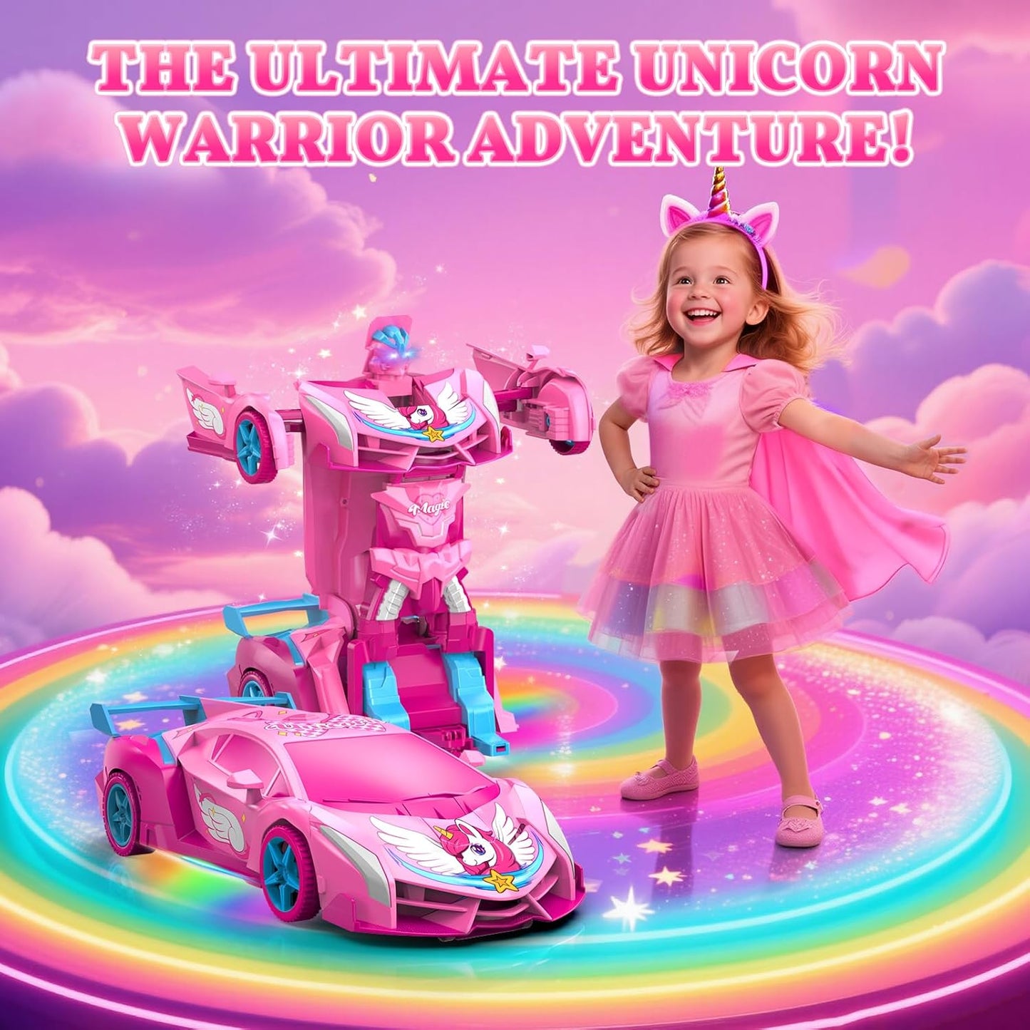 Unicorn Transform RC Cars for Girls Toys with Rainbow Eyes & Underbody Lights, Fast 360°Rotation & 2.4GHz Robot Remote Control Car One-Button Deformation,Easter Basket Stuffers for 3-12 Year Old Girls