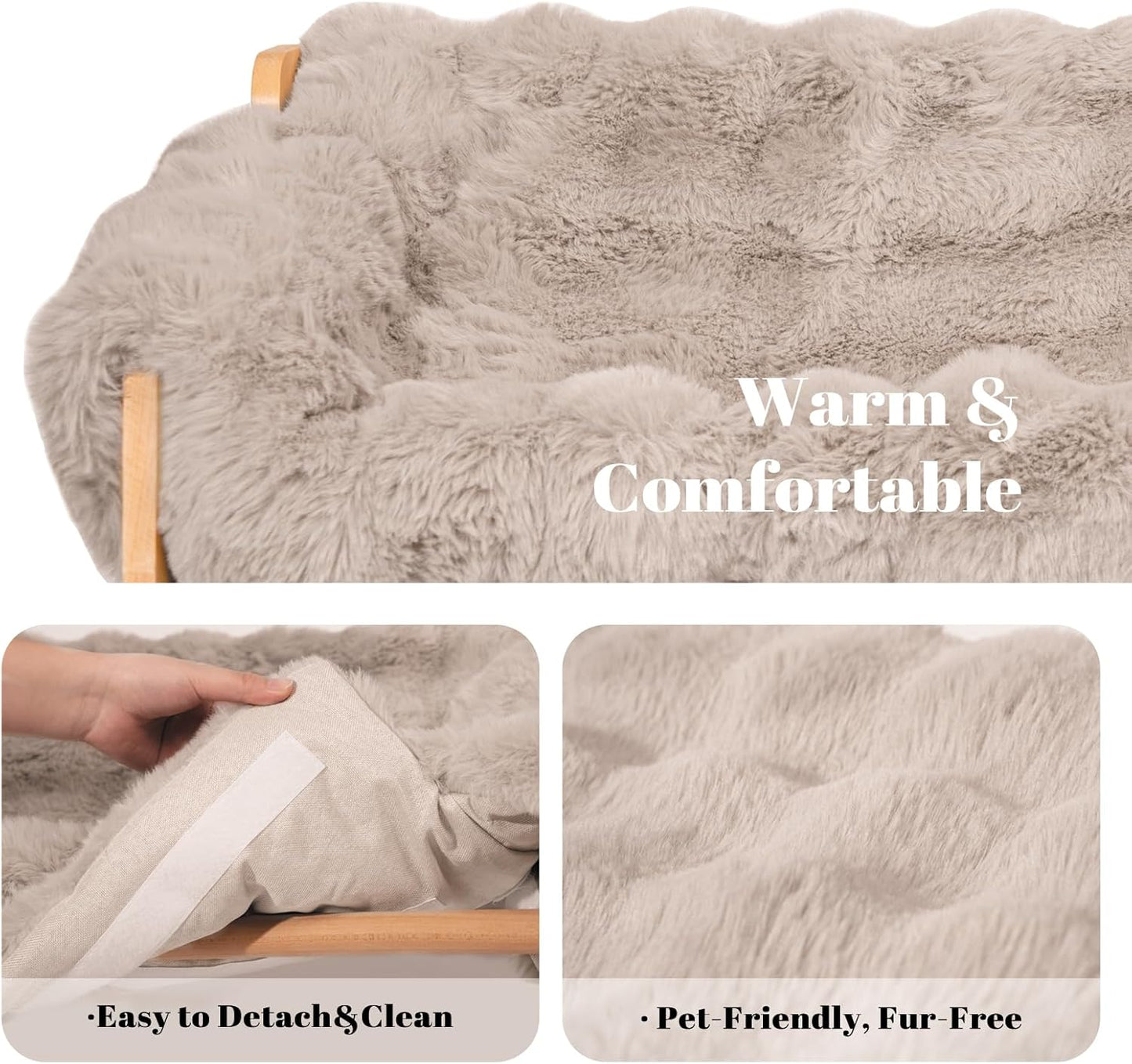 CHEERHOME PETS Elevated Cat Couch Bed for Indoor Cats, Wooden Cat Sofa with Removable Washable Fluffy Cover Raised Kitty Lounge Chair Suitable for Puppy(Cat Sofa,Khaki-Light Gray)