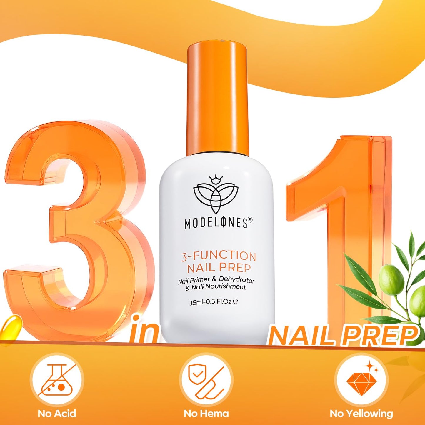 modelones Nail Dehydrator and Primer Base Coat, 3-in-One HEMA-Free Nourishing Prep for Acrylic & Gel Nails, Supports Growth