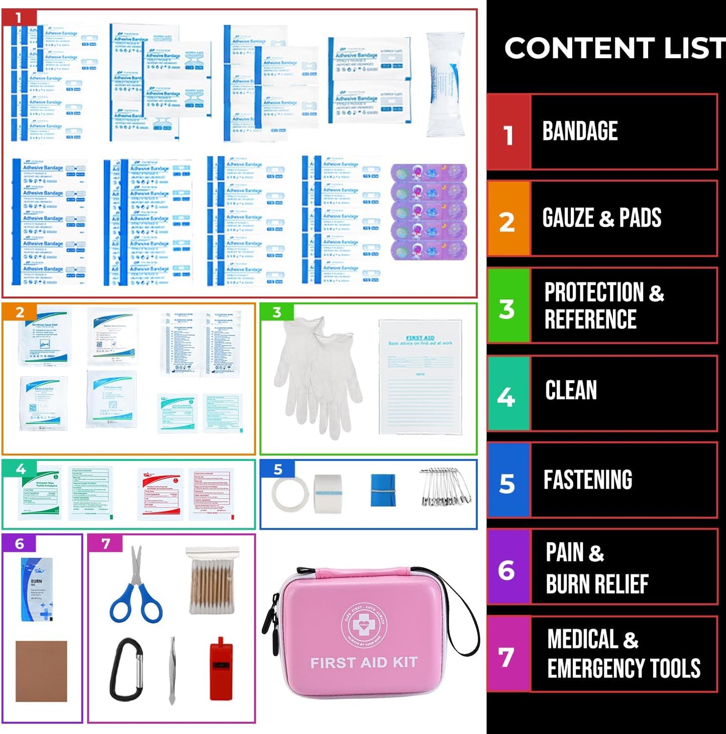 Small First Aid Kit - 165 Piece Dual-Color Emergency Medical Kit with Hard Shell & Fluorescent Exterior Coating, Emergency First Aid Kit for Home, Car, Travel, Hiking & Outdoor(Pink/White)