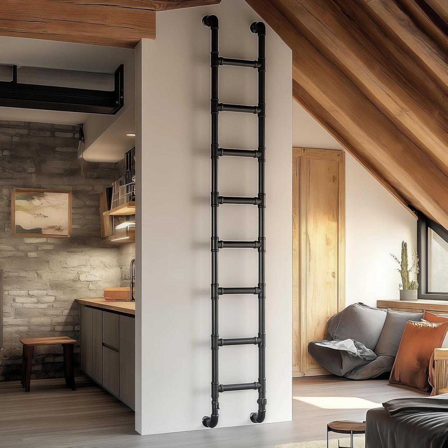 8-Rung Wall Mounted Ladder, Heavy-Duty Metal 8FT Egress Window & Loft Ladder for Basement, Attic Bunk Bed, Fire Escape - 355LBS Load, Matte Black