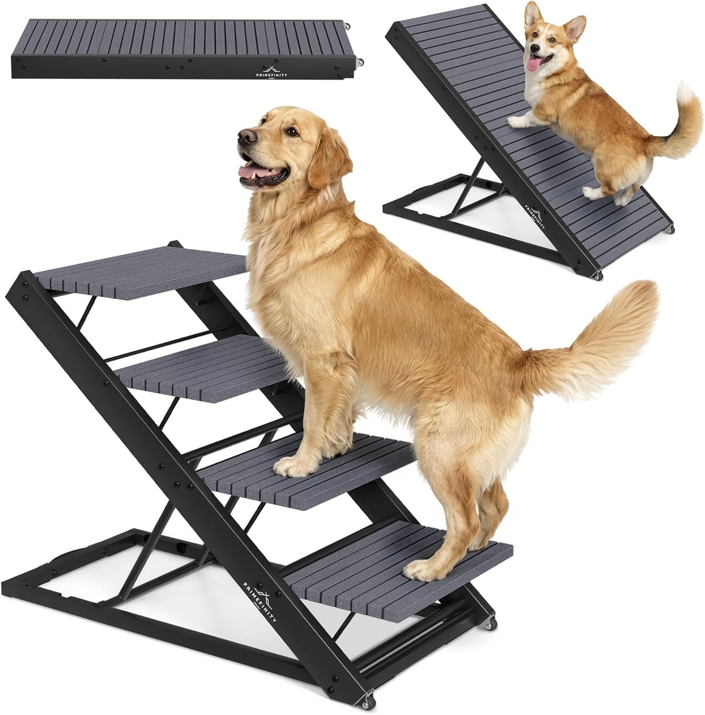 2-in-1 Metal Dog Ramp/Stairs, Dog Ramp for Bed, Couch and Car, Nonslip Carpet, Wheels, up to 250lbs, Outdoor Indoor, (40" Lx17 W) 19" to 25" Adjustable Height, for Small Medium Large Pets