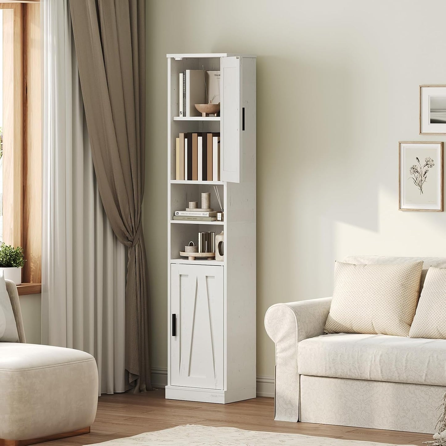 Tall Bathroom Cabinet with 2 Barn Doors, Farmhouse Storage Cabinet with Adjustable Shelves, Freestanding Bathroom Storage Organizer for Small Space, Kitchen, Bedroom, Cloud White