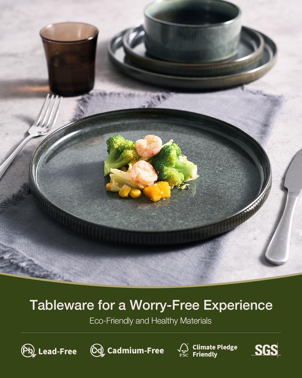 Famiware Star Dinnerware Set, Plates and Bowls Sets for 4 (12pcs), Ribbed Stoneware Dishes - Chip & Scratch Resistant, Microwave & Dishwasher Safe, Deep Forest