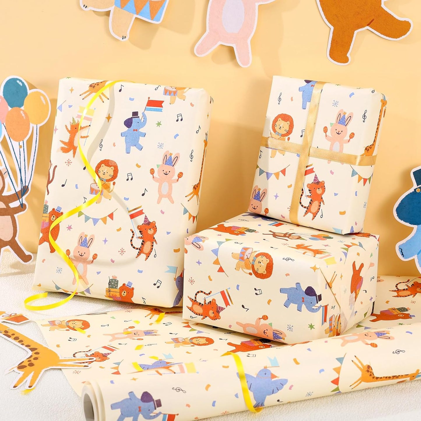 Booson Animal Parade Kids Wrapping Paper Roll -Mini Roll- 17In x 32.8Ft Cute Animal Parade Premium Gift Packing Wrap Craft Paper for Birthday Baby Shower Party Supplies