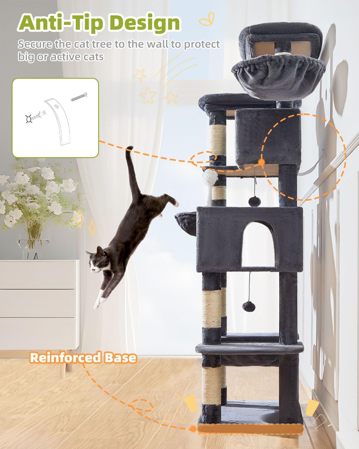 Taoqimiao Cat Tree Tower, 76-Inch Sturdy Cat Tree for Indoor Cats Large Adult Cat Tower with Scratching Posts，2 Condos, 2 Perches, 2 Large Hanging Baskets, Soft Hammock, MS046G Smoke Gray