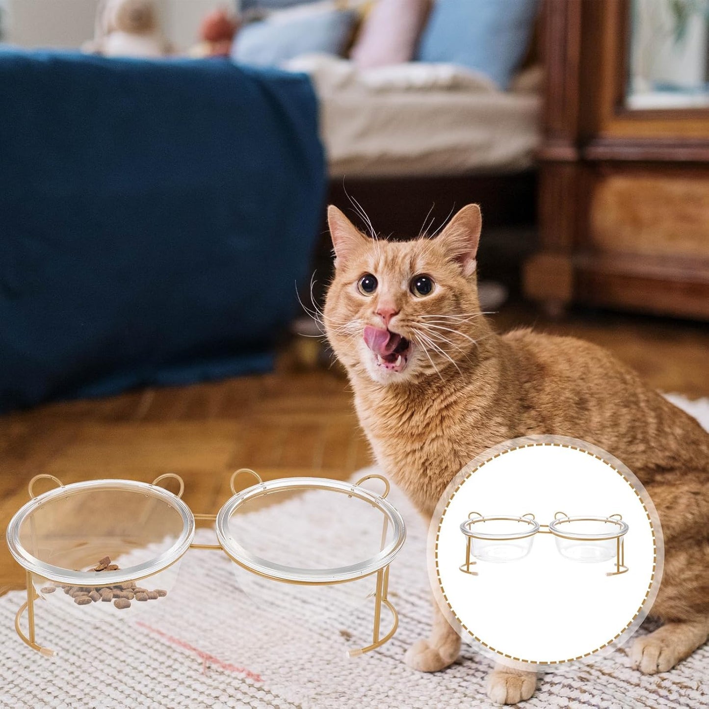 PRETYZOOM Glass Double Raised Cat Food Bowl with Bright Gold Stand, Household Glass Dog Bowl for Pets, Elevated Pet Feeding Station for Cats and Dogs