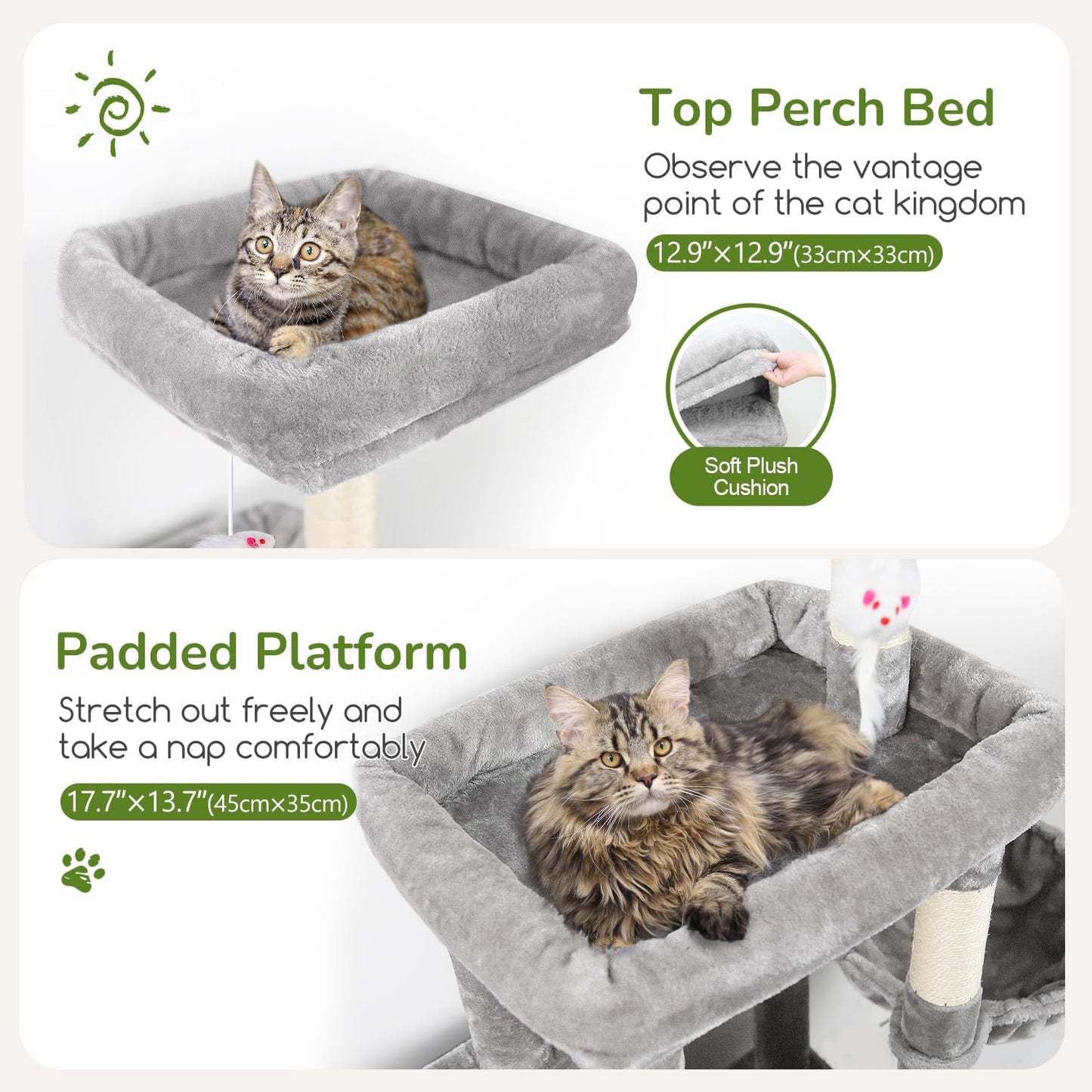 Globlazer Cat Tree Tower with 2 Cat Condos for Multiple Indoor Cats, 52in Multi-Level Plush Cat Condo Tower with 5 Sisal Scratching Posts, 2 Padded Perches, Big Basket, Widened Base, S52, Light Grey