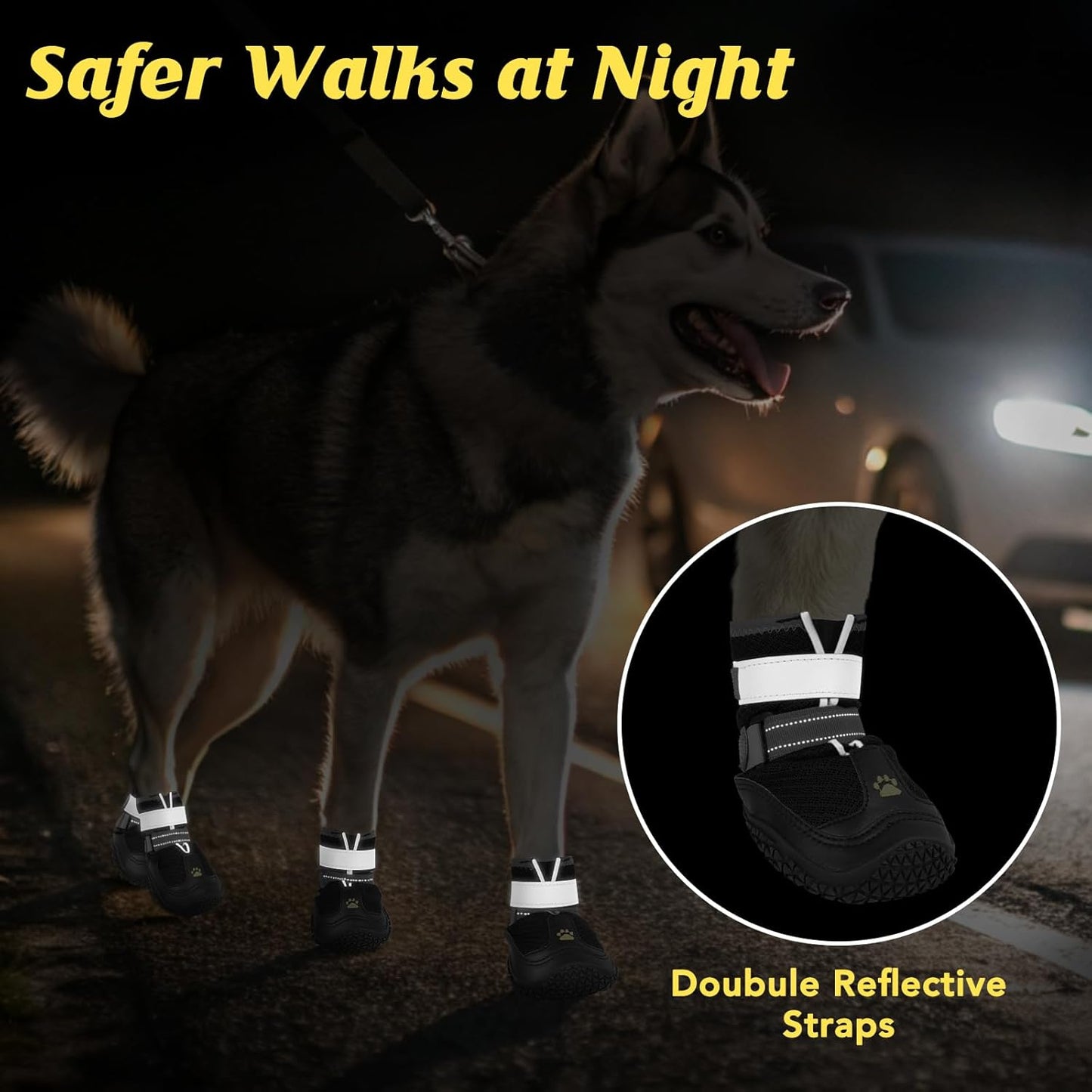 LUCKYPAW Dog Shoes for Large Medium Dogs, Breathable Dog Boots for Hot Pavement, Paw Protectors for Summer Walking Hiking Winter Snow Outdoor, No Slip Reflective Booties for Hardwood Floor-Black, 8
