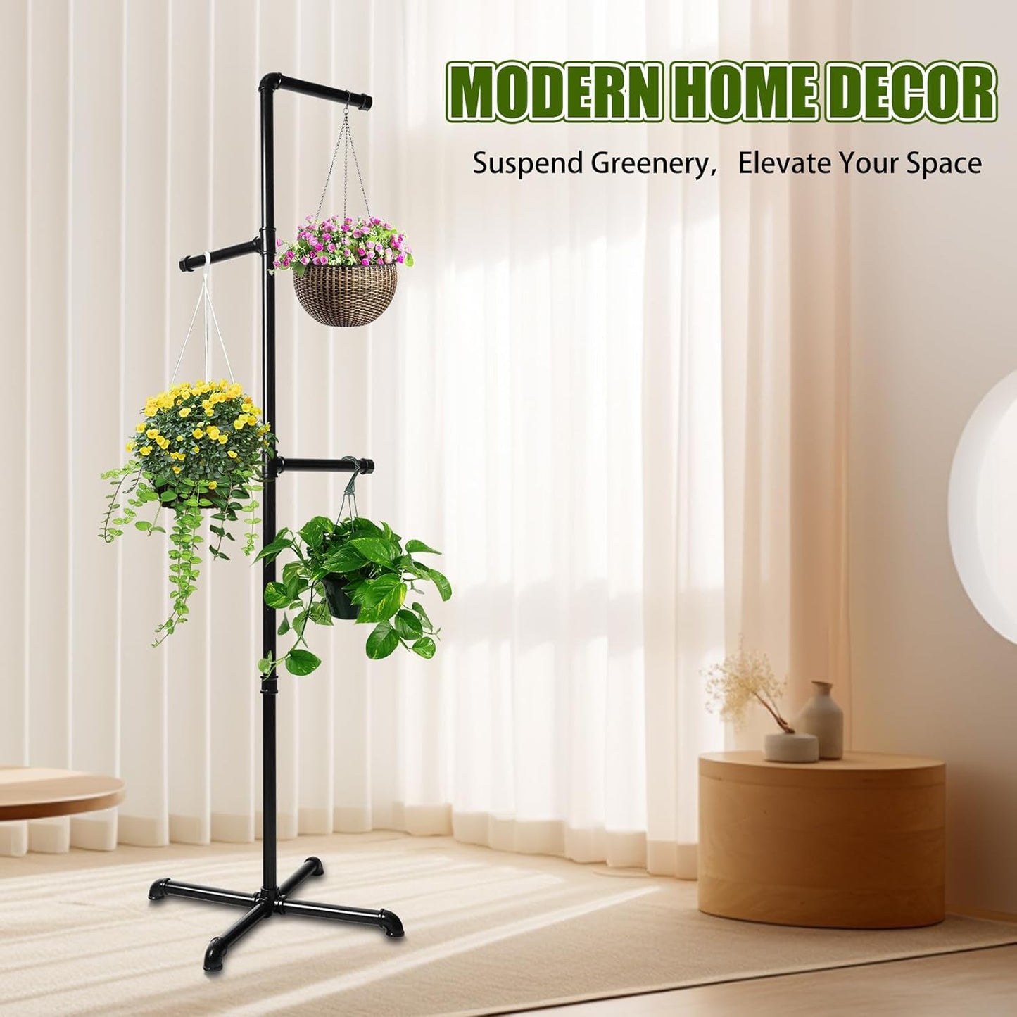 Hanging Plant Stand, Plant Hanger Indoor, Corner Hanging Plant Stand, Black Metal Holder for Bedroom, Living Room, Garden, Balcony