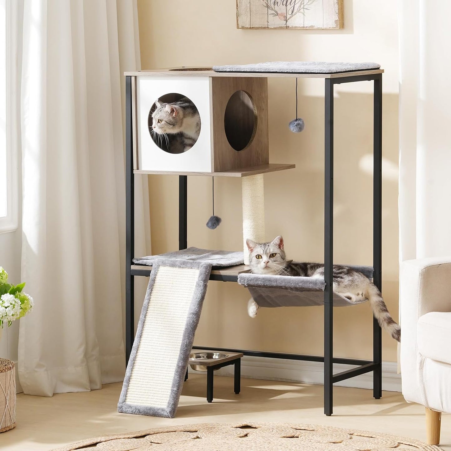 HOOBRO Wooden Cat Tree, Versatile Cat Tower with Scratching Post, Cat Hammock and Food Bowls, 4-Tier Pet House for Indoor Cats, Multi-Cat Families, Greige BG34MZ03