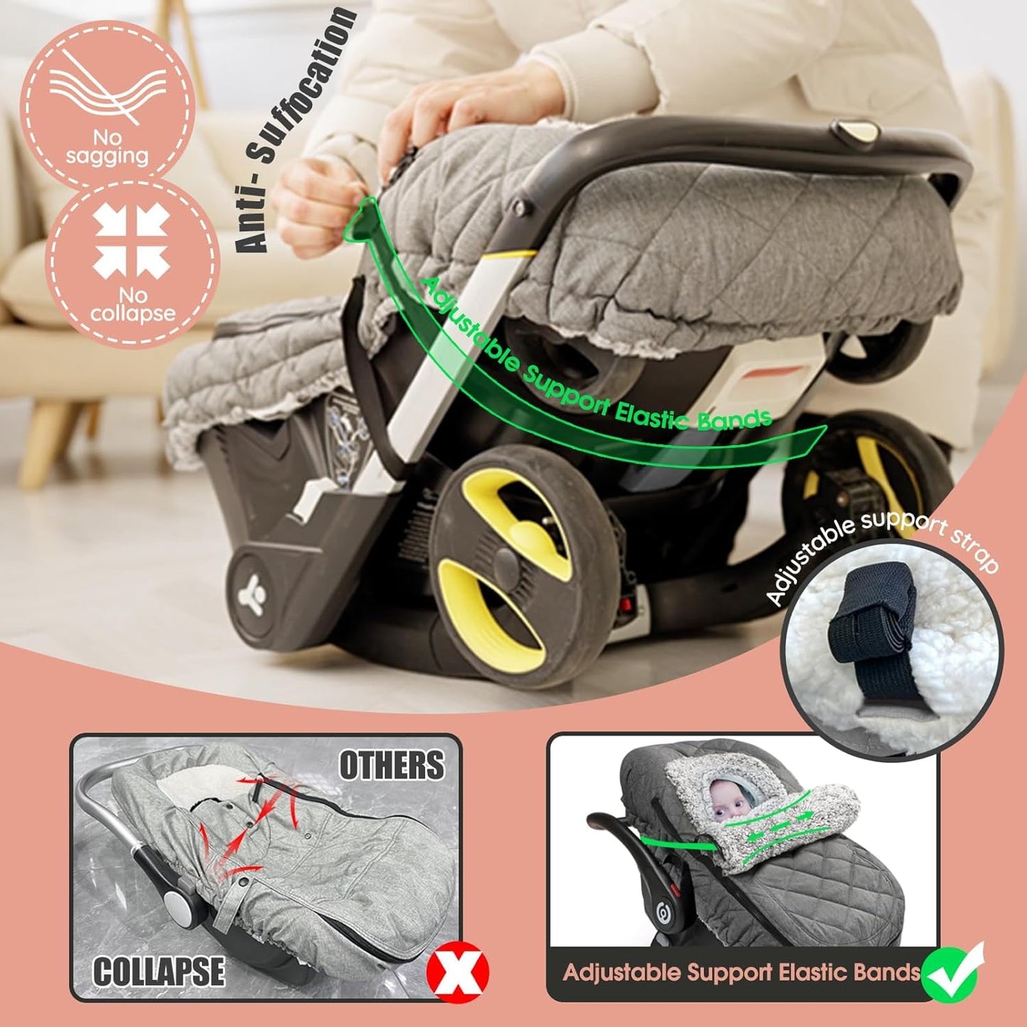 ACRABROS Car Seat Cover Baby: Winter Infant Carseat Canopy for Boy Girl Newborn, Zipper Peeping Window, Warm Cozy Cold Weather Waterproof Fitted, Heather Grey