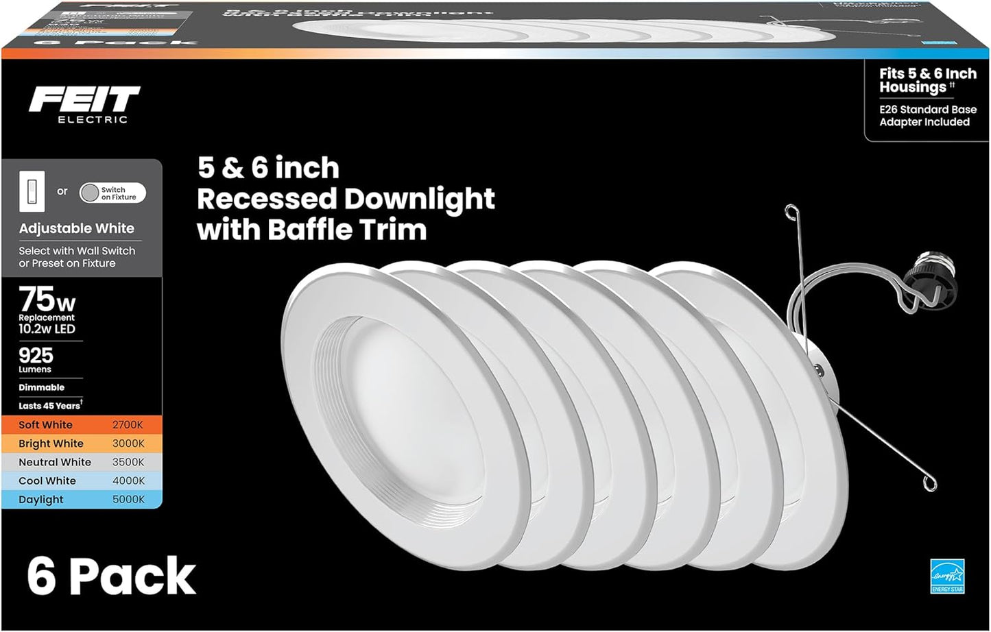 Feit Electric LED Downlight Retrofit Kit with Baffle Trim, 75W Equivalent, 5/6-Inch Dimmable Recessed Light, Adjustable White 2700K–5000K, 90+ CRI, for Living, Bathroom, Dining & Kitchen Room