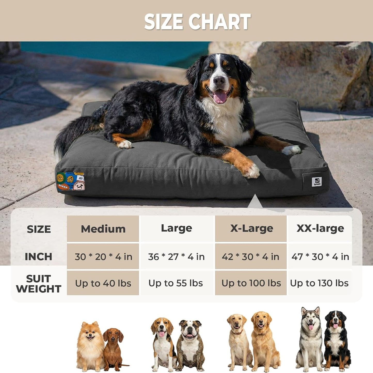 Sytopia 42 Inch Waterproof Indestructible Canvas Outdoor Dog Bed for Extra Large Dogs, Chew Proof Dog Crate Bed with Washable Removable Cover, Indoor Outdoor Patio Pet Pad, Dark Grey