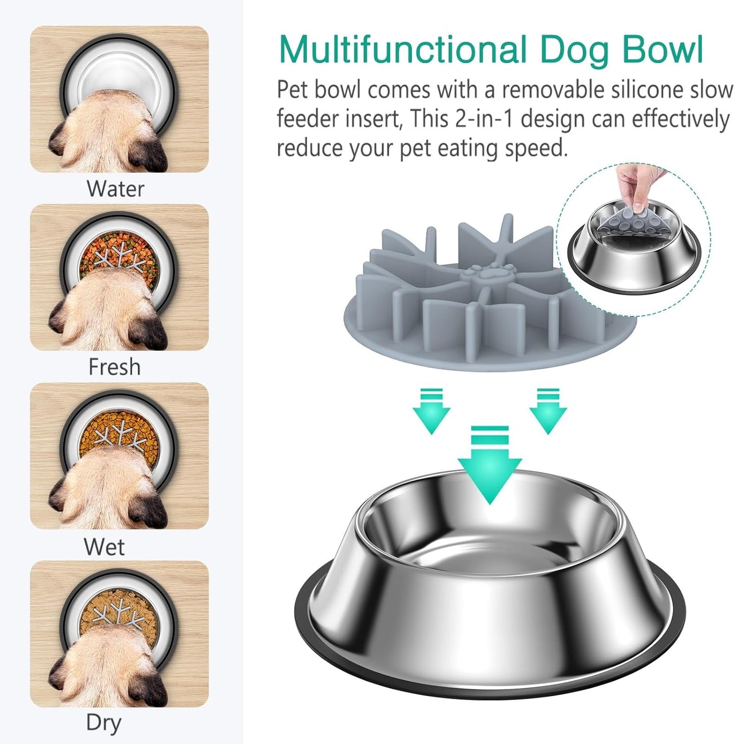ORIA Slow Feeder Dog Bowl Set, Stainless Steel Dog Food Bowl with Slow Feeder Insert, Pet Water Bowls with Non-Slip Base for Small Medium Breeds, Holds Up to 2 Cups, M