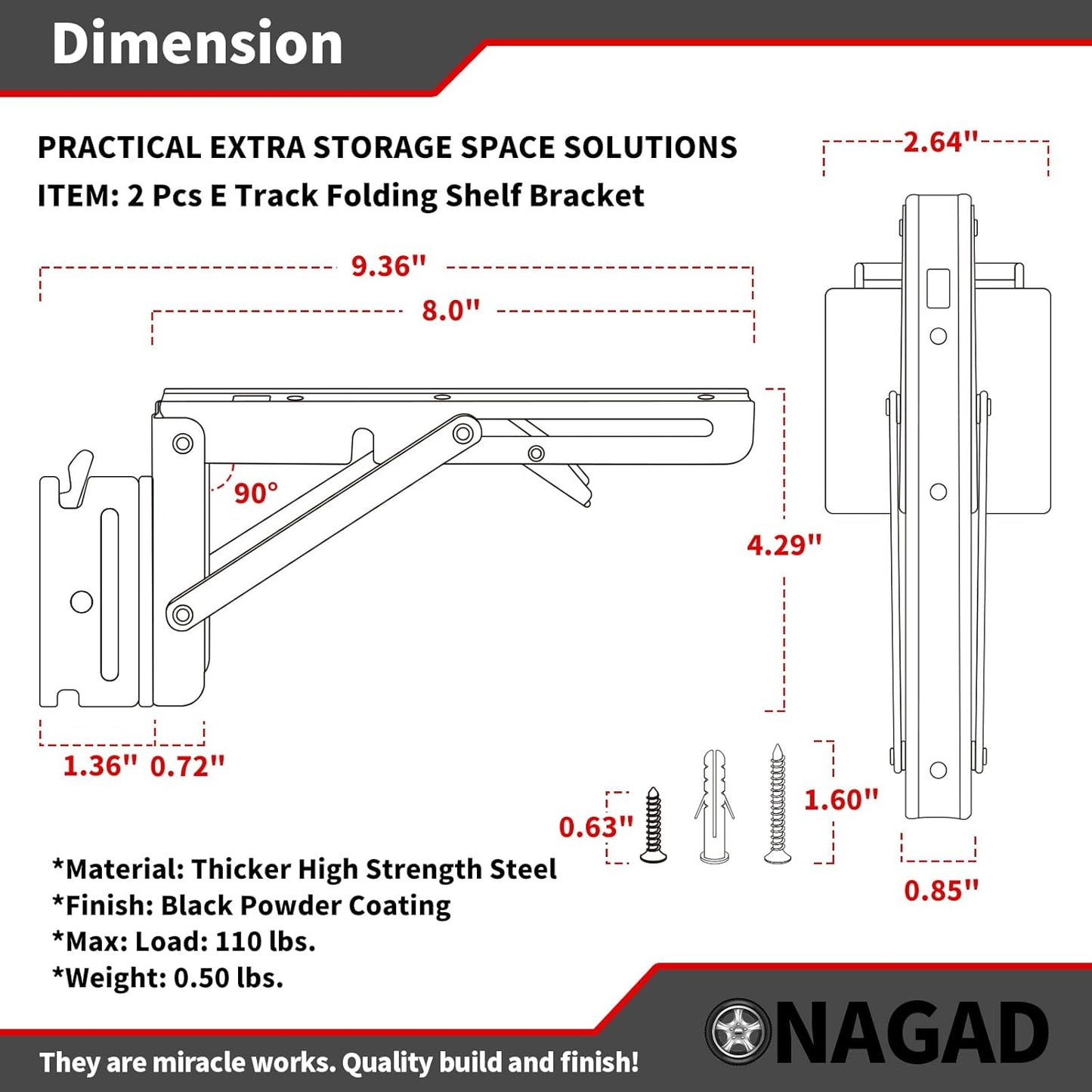 E Track Folding Fixed Shelf Brackets 2 Pcs 8 inch Black Heavy Duty Metal DIY E-Track Collapsible Shelf Hinge Etrack Accessories for Workbench Table Shelves in Enclosed Trailer, Truck