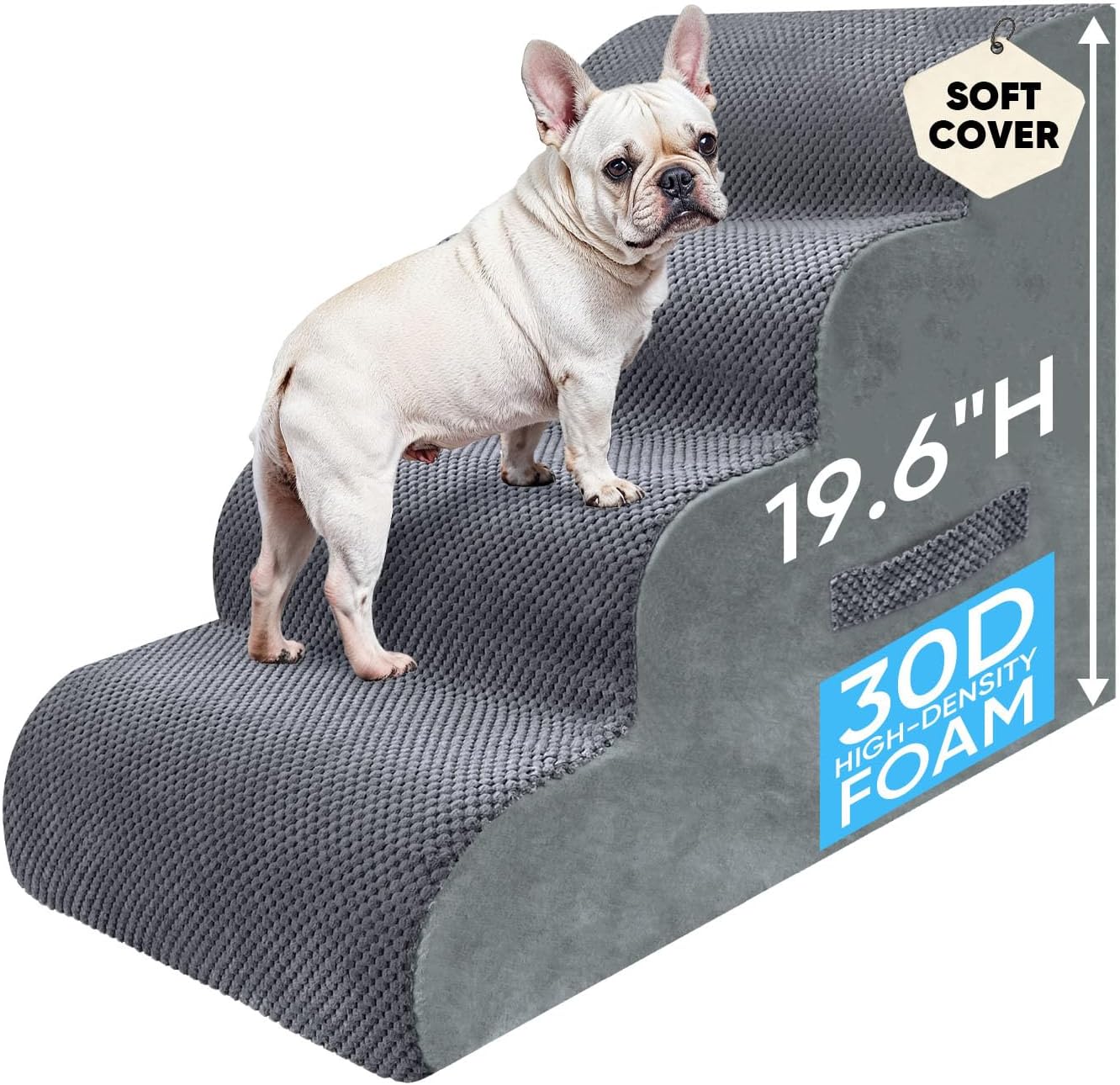 PAWSCART Pet Stairs for Dogs 4-Step, 19.6" H Pet Stairs for High Bed, Couch Sofa & Chair, 30D Material Soft Foam Dog Steps with Non-Slip Bottom Surface Removable Washable Cover, Grey