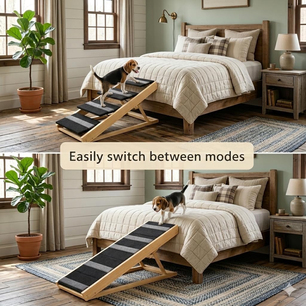 3 Steps Wood Pet Stairs & Ramp for Small and Medium Dogs and Cats, Portable Ramp Pets 2-in-1 Foldable, Non-Slip Pet Ladder for Tall Beds, Sofa, Cars, Holds Up to 220 lbs (3 Steps)