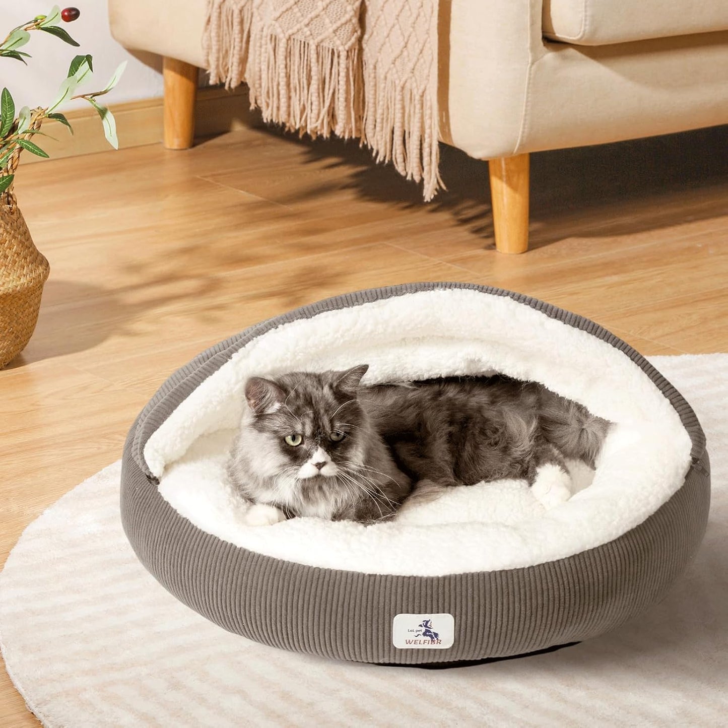 Cat Cave Bed for Indoor Cats, Hooded Cat Bed Covered Cat Bed Cave, Round Cat Cave Cute Kitty Bed, Washable Cat Bed for Cats & Small Dogs, Cat Beds with Cover Cozy Sleeping Nest, 23" Grey