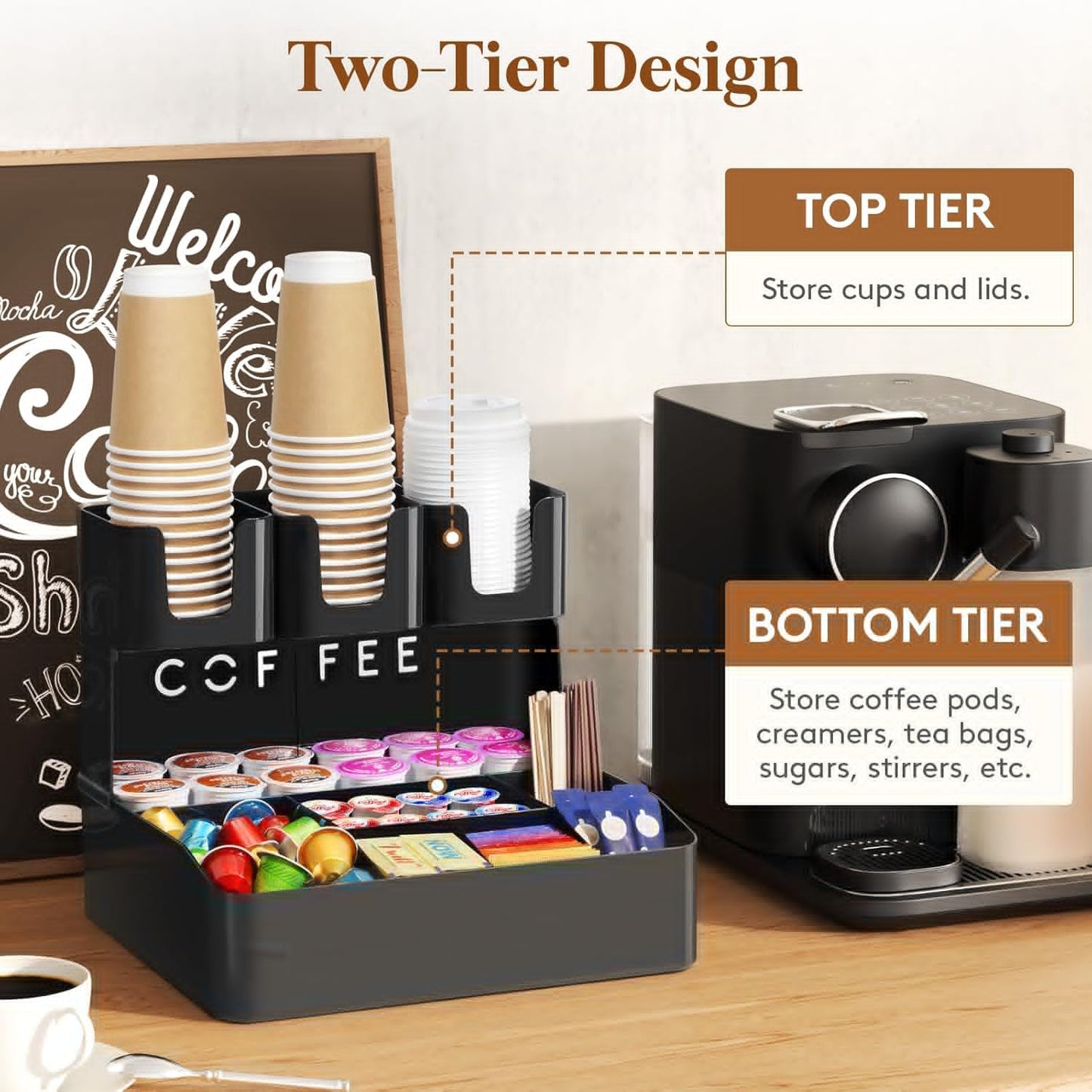 Lifewit 2-tier Coffee Station Organizer Caddy for Countertop, 10 Compartments Coffee Bar Organizers for Cups, Pods, Sugar, Compact Condiment Holders Storage for Office Breakroom Kitchen Home Black