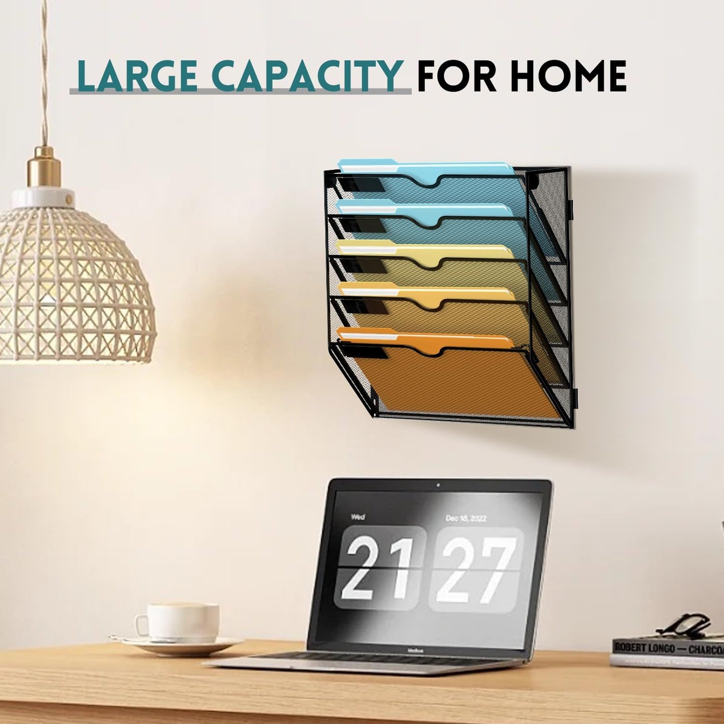 SUPEASY 5 Tier Wall File Organizer, Hanging Wall Mounted Mail Organizer with Label Slots, Metal Mesh File Holder Magazine Rack for Office, Home, School, Black