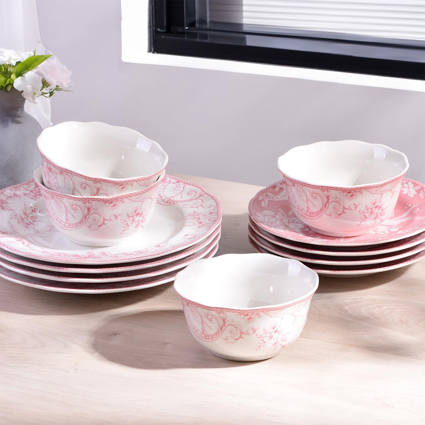 222 Fifth Adelaide Blush 12-Piece Pink Porcelain Dinnerware Set – Service for 4, Big Dinner Plates and Bowls Sets, White with Pink Floral Pattern, for Daily Entertainment, Microwave & Dishwasher Safe
