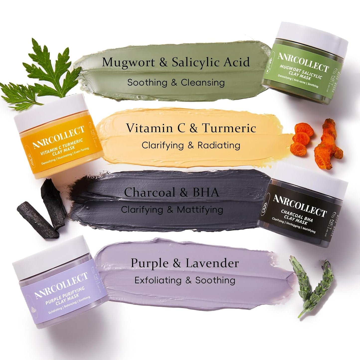 ANRCOLLECT 4-Pack Clay Face Mask Set (280g Total) - Vitamin C Turmeric, Charcoal BHA, Mugwort Salicylic & Purple Clay Masks for Deep Pore Cleansing, Oil Control & Blackhead Removal - Skincare Gift Set