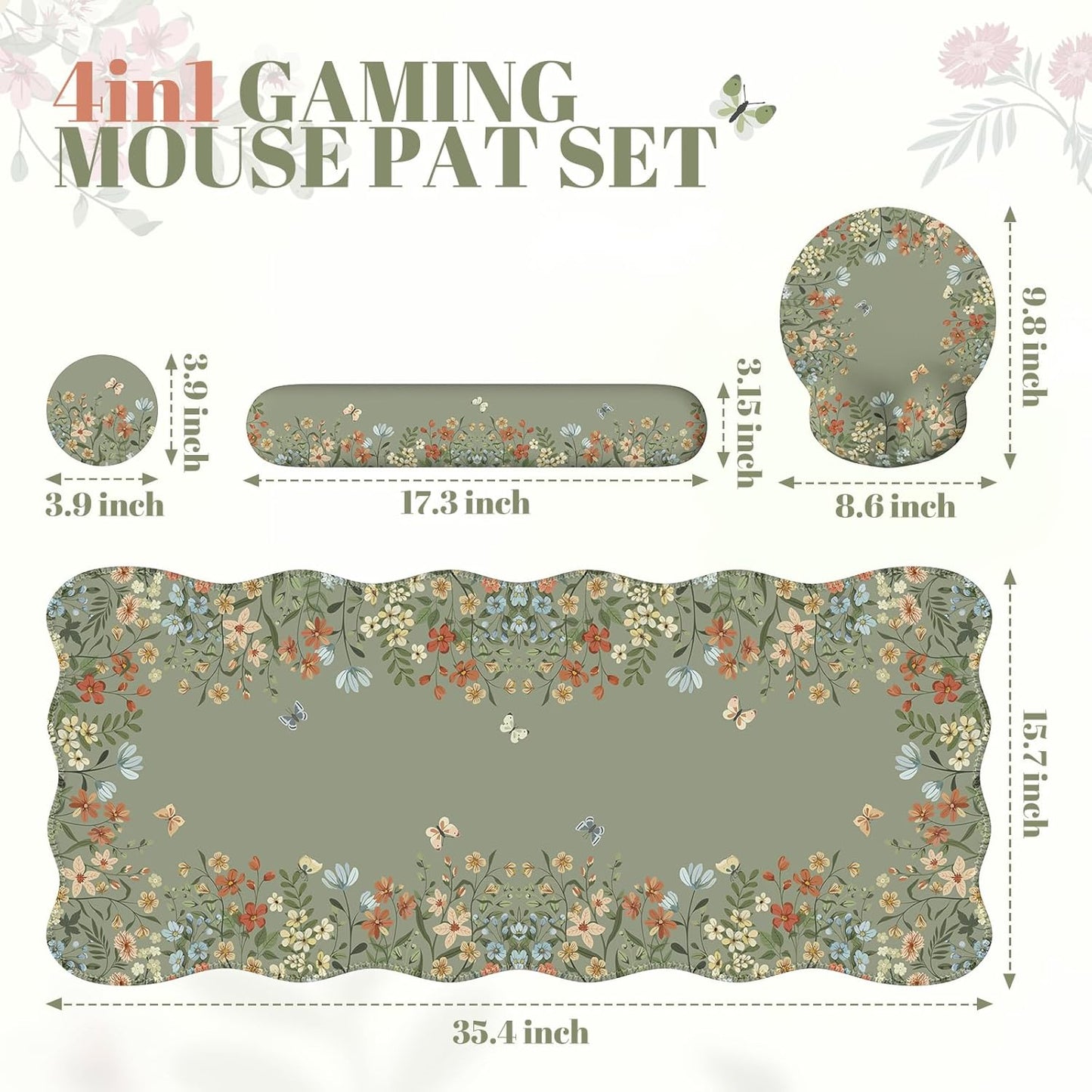 iCasso Desk Mat Set,Large Mouse Pad with Wrist Rest,Ergonomic Keyboard Wrist Support for Women,Girly Floral Computer Mat with Scalloped Edges,Non-Slip Desk Pad Home Office Gaming (Green)